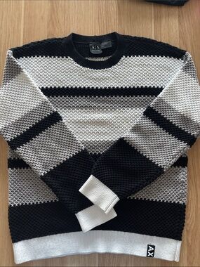 A/X Armani Exchange Black, White & Gray Striped Crewneck Sweater